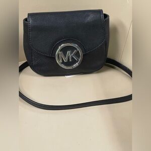 Michael Kors Black Leather Crossbody with Silver MK Logo